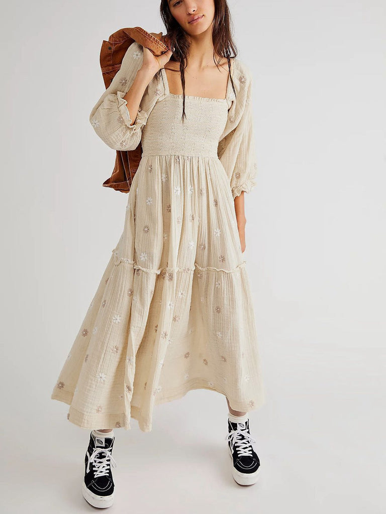 1940er Besticktes Blumen Laternenärmel Kleid