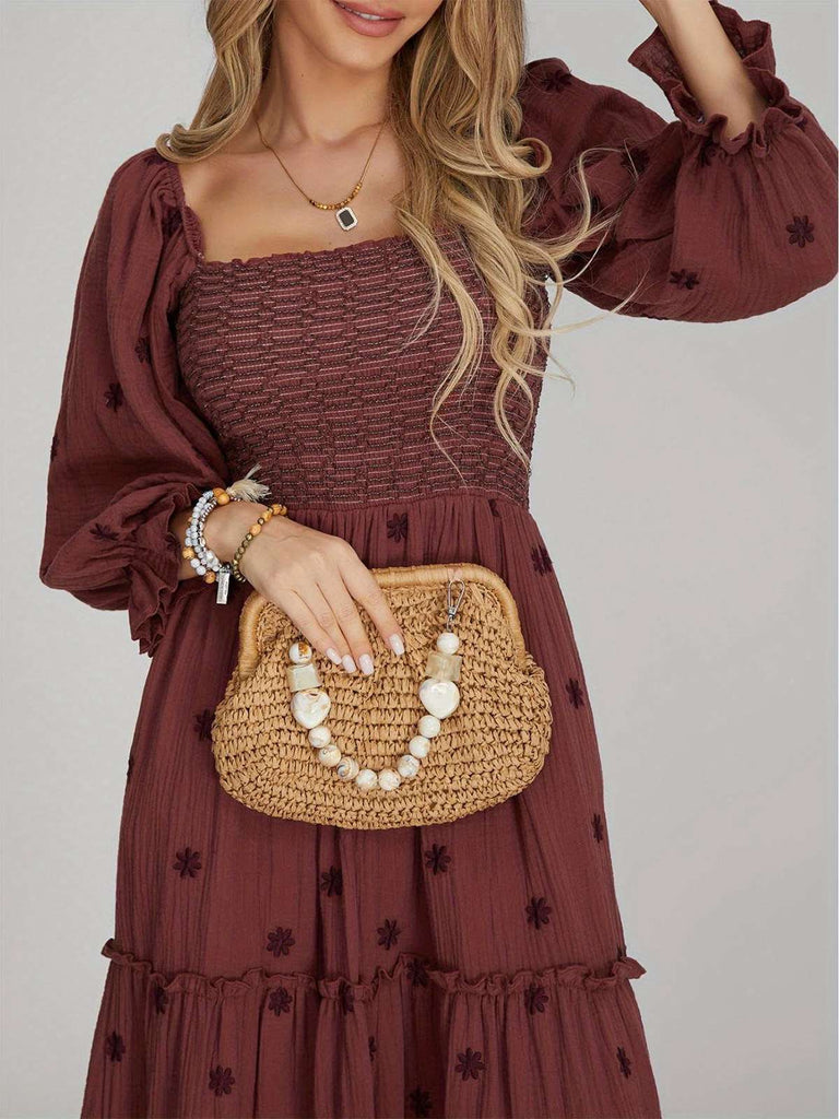 1940er Besticktes Blumen Laternenärmel Kleid