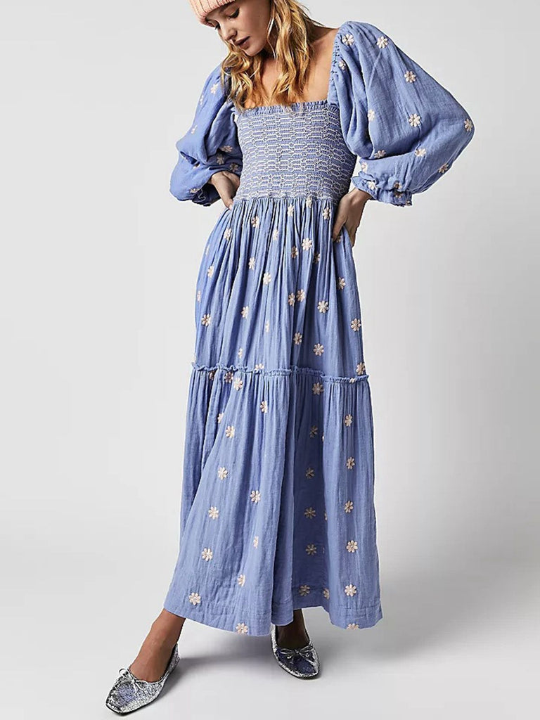 1940er Besticktes Blumen Laternenärmel Kleid