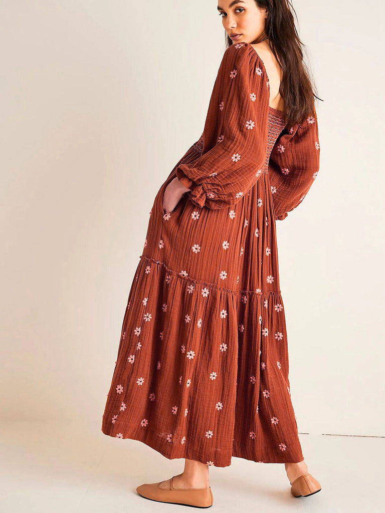 1940er Besticktes Blumen Laternenärmel Kleid