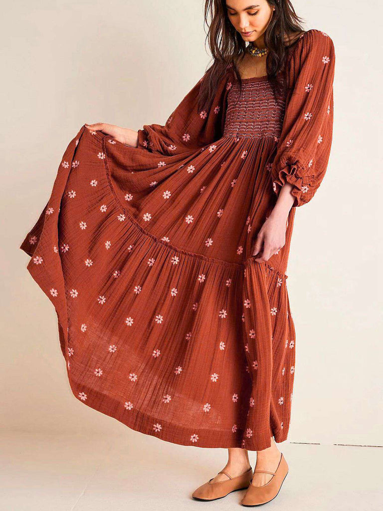 1940er Besticktes Blumen Laternenärmel Kleid