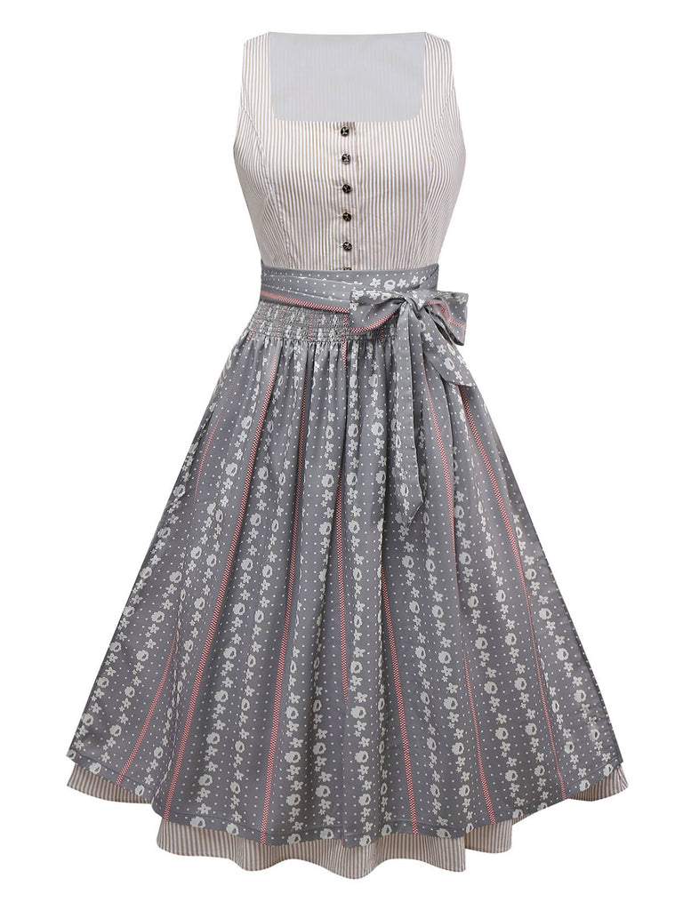 2PCS Beige 1950er Oktoberfest Dirndl Streifen Kleid & Blumen Schürze