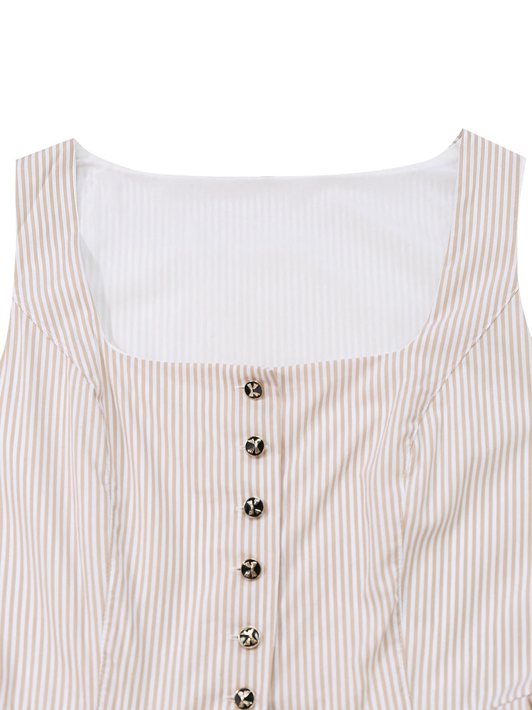 2PCS Beige 1950er Oktoberfest Dirndl Streifen Kleid & Blumen Schürze