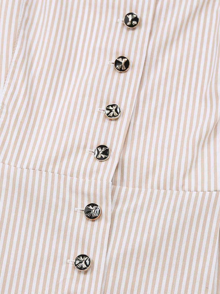 2PCS Beige 1950er Oktoberfest Dirndl Streifen Kleid & Blumen Schürze