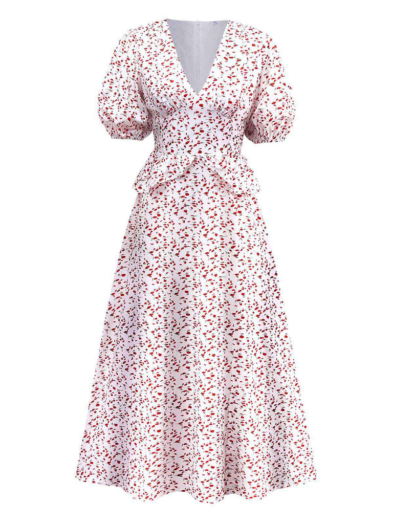 Weiß 1940er Kleine Blumen Rüschen V-Ausschnitt Puffärmel Kleid
