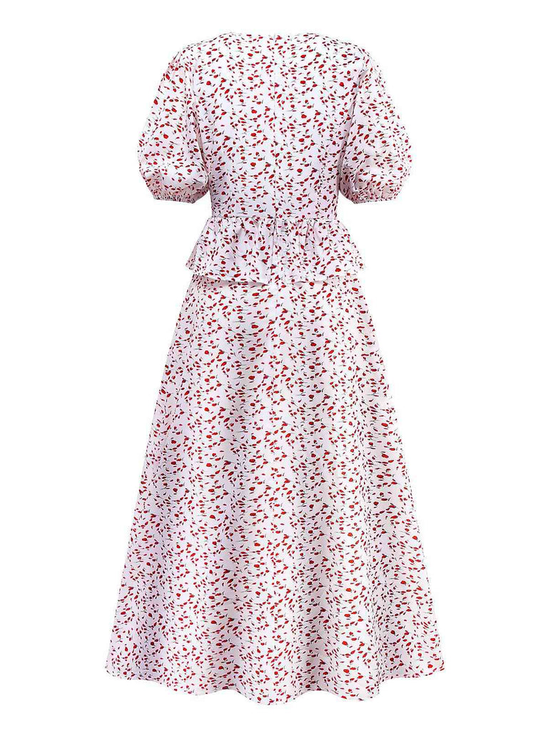 Weiß 1940er Kleine Blumen Rüschen V-Ausschnitt Puffärmel Kleid