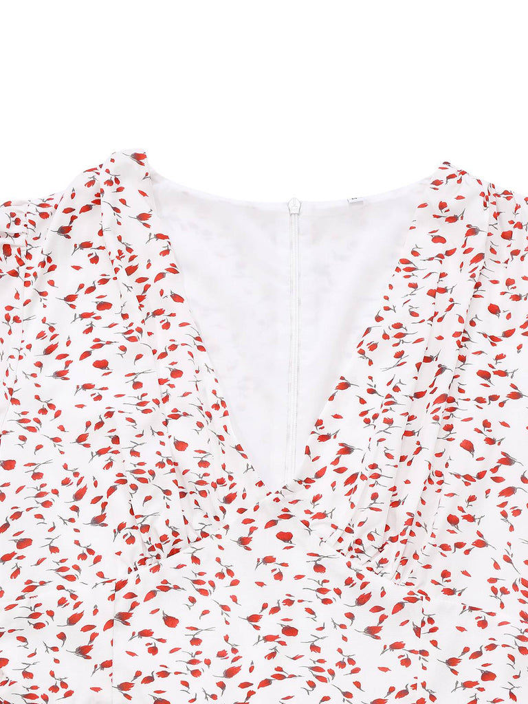 Weiß 1940er Kleine Blumen Rüschen V-Ausschnitt Puffärmel Kleid