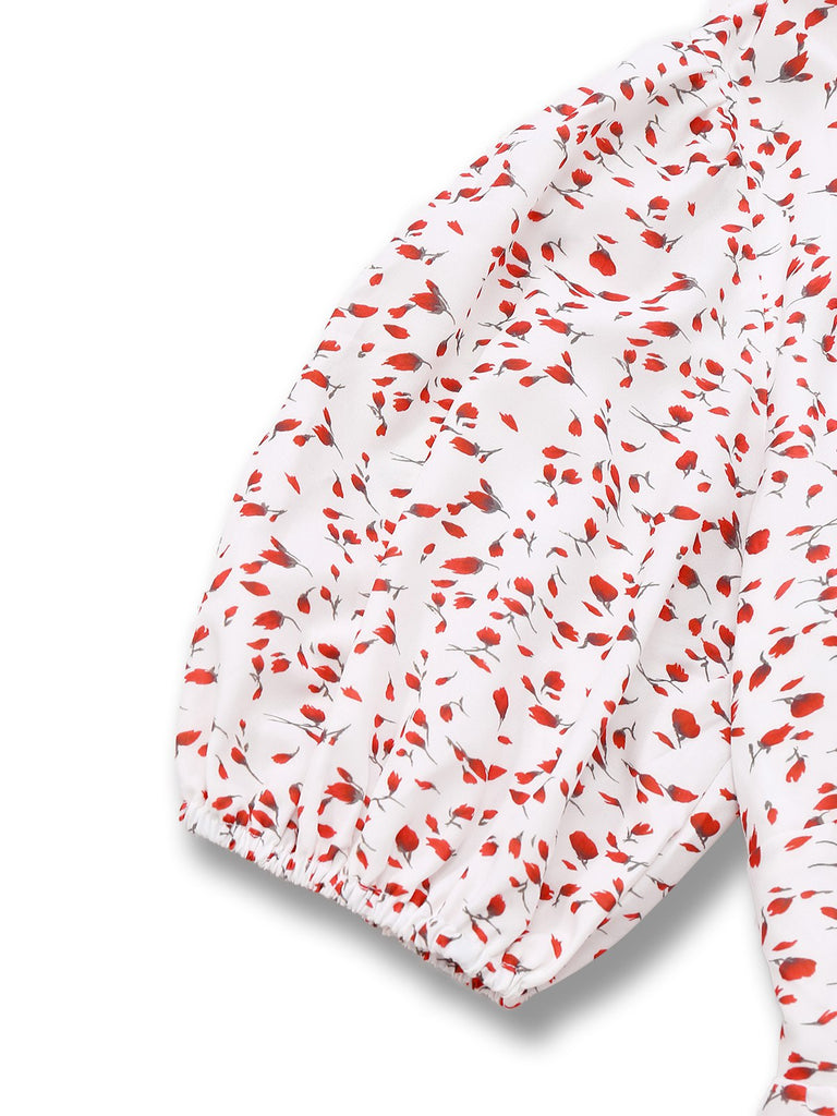 Weiß 1940er Kleine Blumen Rüschen V-Ausschnitt Puffärmel Kleid