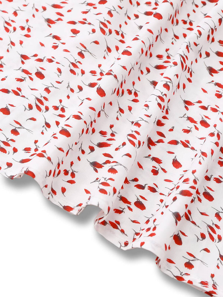 Weiß 1940er Kleine Blumen Rüschen V-Ausschnitt Puffärmel Kleid