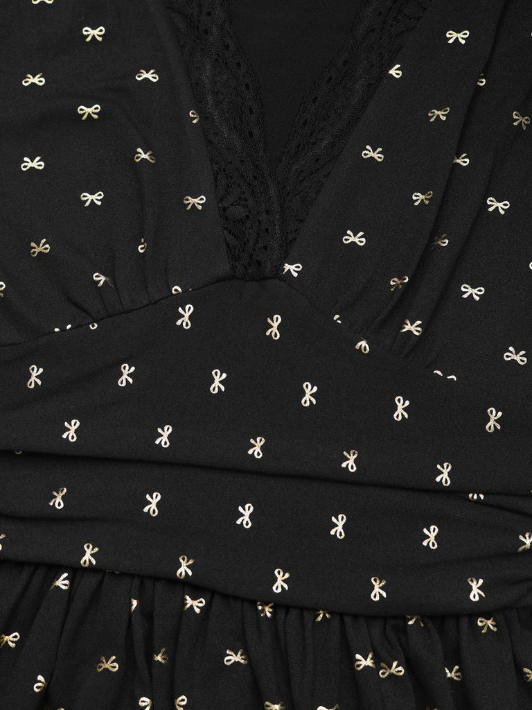 Schwarz 1930er Gold Folie Bogen V-Ausschnitt Spitze Schlitz Kleid