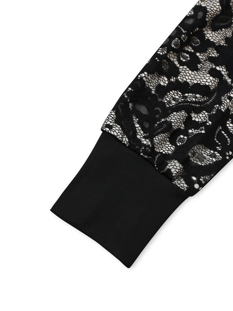 Schwarz 1930er V-Ausschnitt Blumen Spitze Fischschwanz Kleid