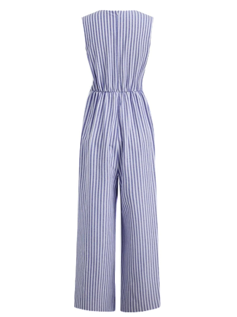 1940er V-Ausschnitt Streifen Taille-Tie Ärmellos Jumpsuit
