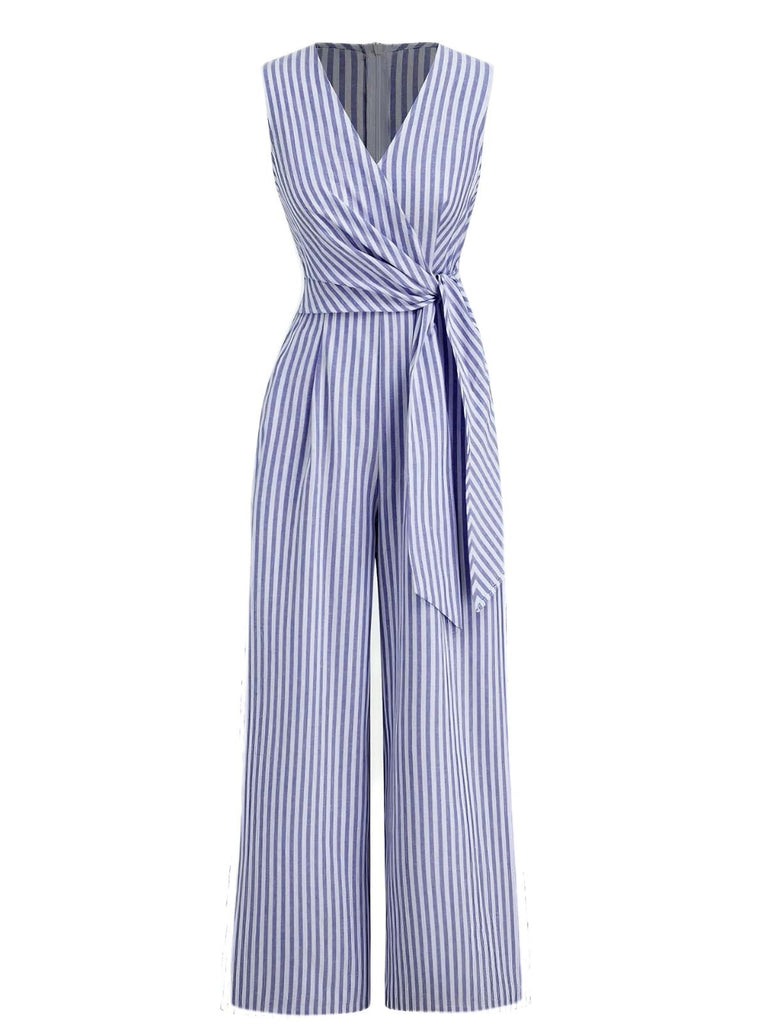 1940er V-Ausschnitt Streifen Taille-Tie Ärmellos Jumpsuit