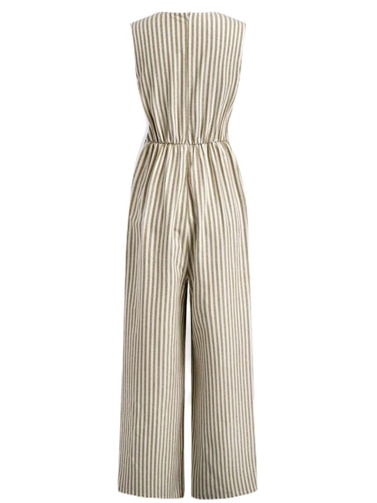 1940er V-Ausschnitt Streifen Taille-Tie Ärmellos Jumpsuit