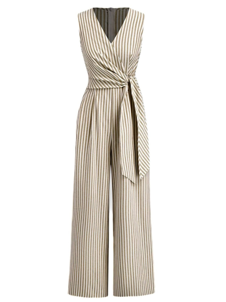 1940er V-Ausschnitt Streifen Taille-Tie Ärmellos Jumpsuit