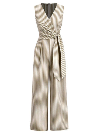 1940er V-Ausschnitt Streifen Taille-Tie Ärmellos Jumpsuit