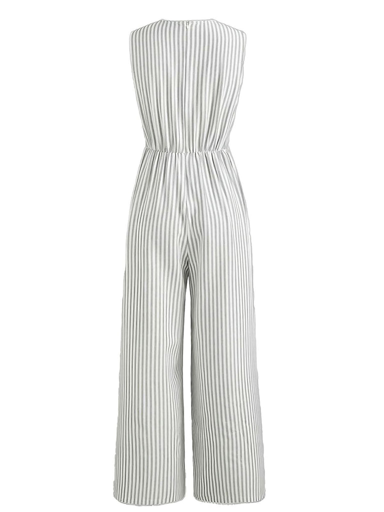 1940er V-Ausschnitt Streifen Taille-Tie Ärmellos Jumpsuit