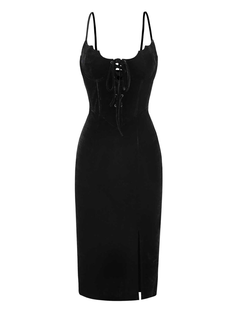 Schwarz 1960er Fledermaus-Kragen Samt Schlitz Kleid