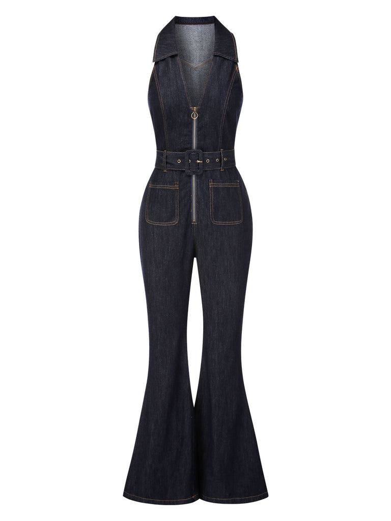Blau 1970er Baumwolle Denim Ausgestellter Jumpsuit