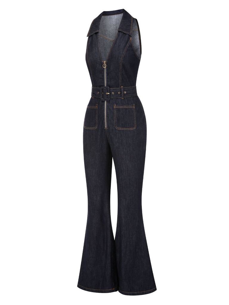 Blau 1970er Baumwolle Denim Ausgestellter Jumpsuit