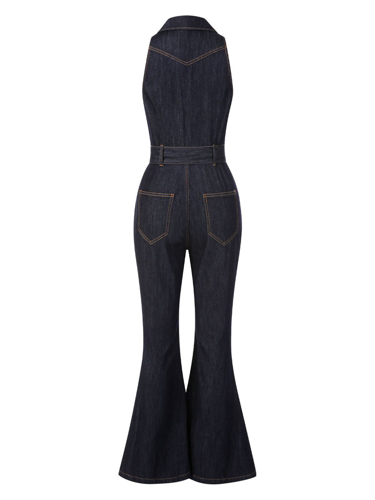 Blau 1970er Baumwolle Denim Ausgestellter Jumpsuit