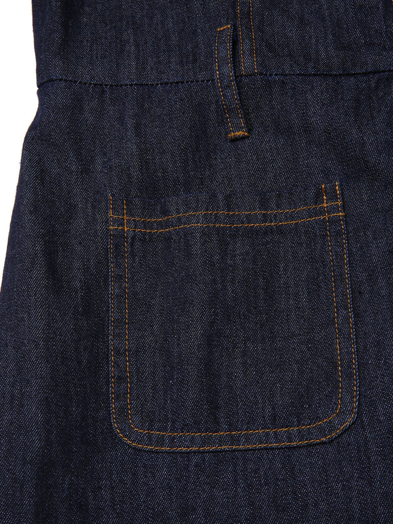 Blau 1970er Baumwolle Denim Ausgestellter Jumpsuit