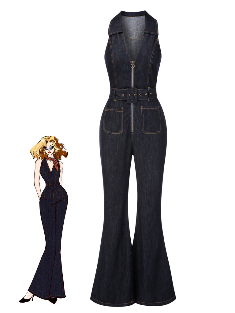 Blau 1970er Baumwolle Denim Ausgestellter Jumpsuit