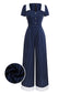 Blau 1930er Streifen Revers Jumpsuit