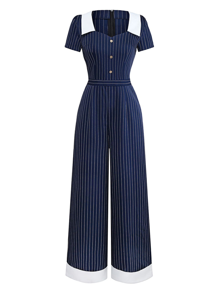 Blau 1930er Streifen Revers Jumpsuit