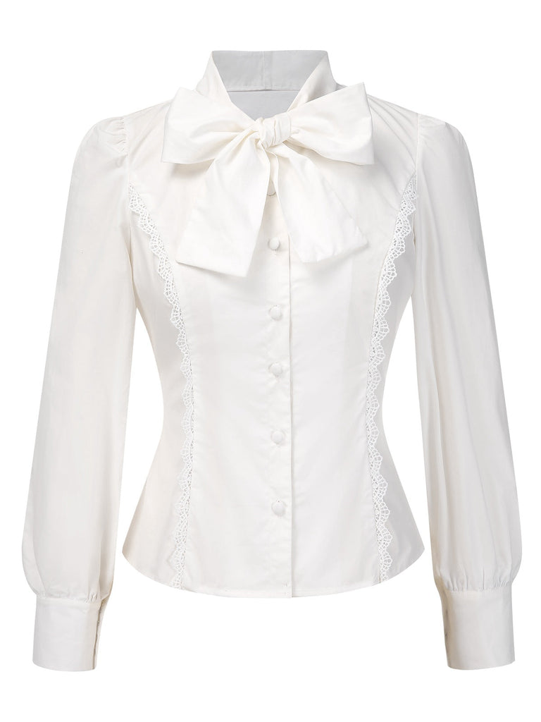 Weiß 1950er Solide Baumwolle Krawattenhals Bogen Bluse