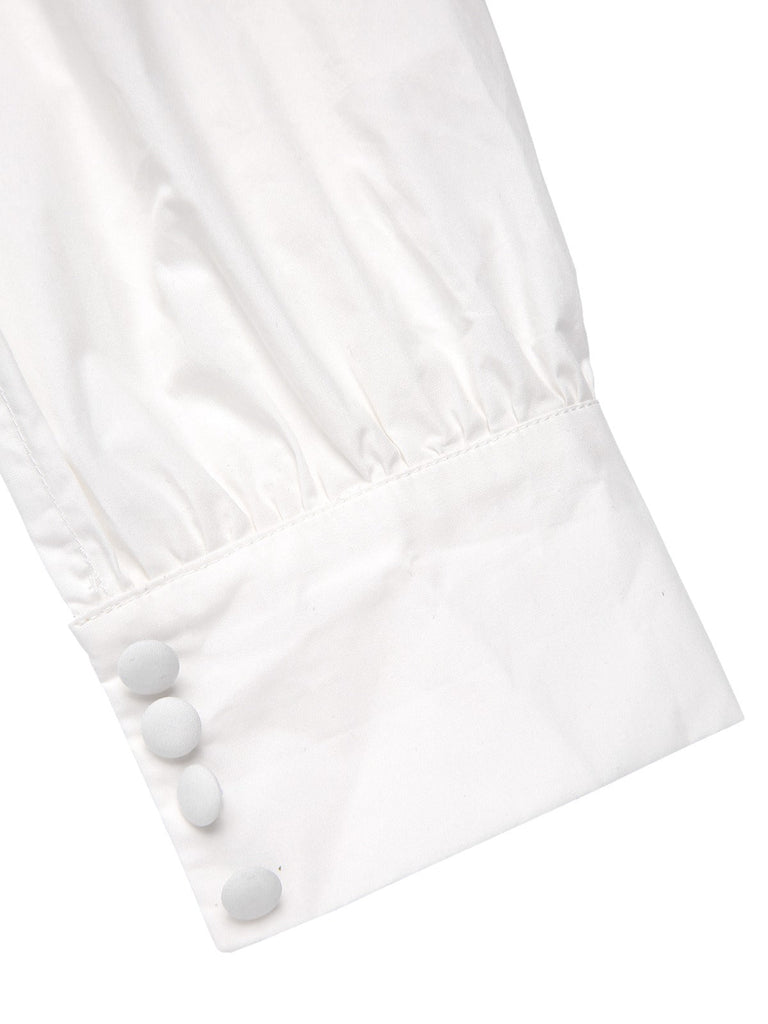 Weiß 1950er Solide Baumwolle Krawattenhals Bogen Bluse