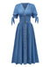 Blau 1940er V-Ausschnitt Knotenmanschette Denim Kleid
