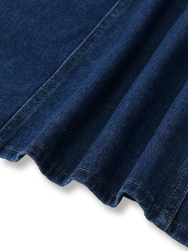 Tiefblau 1970er Denim Revers Ärmellos Taste Kleid