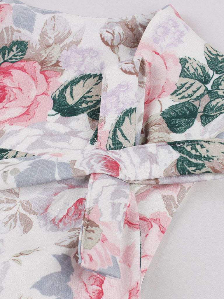 Rosa 1950er Blumen Bogen Herzförmiger Hals Swing Kleid
