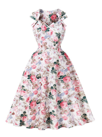 Rosa 1950er Blumen Bogen Herzförmiger Hals Swing Kleid