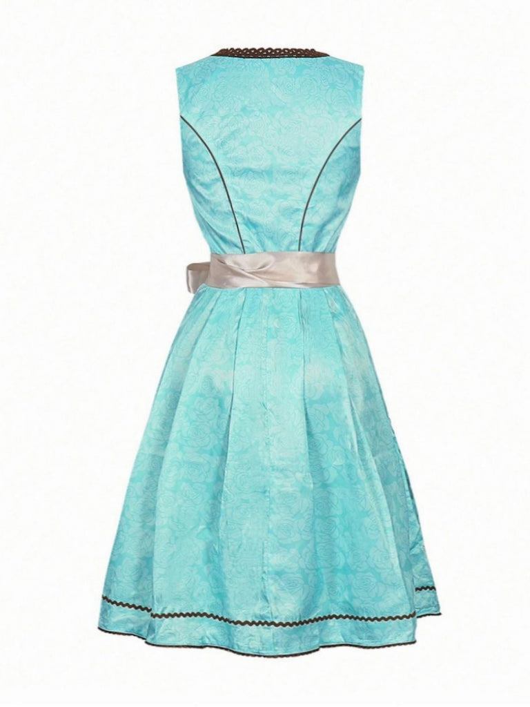 2PCS Blau 1950er Oktoberfest Blumen Jacquard Kleid & Besticktes Schürze