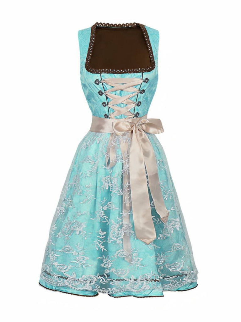 2PCS Blau 1950er Oktoberfest Blumen Jacquard Kleid & Besticktes Schürze