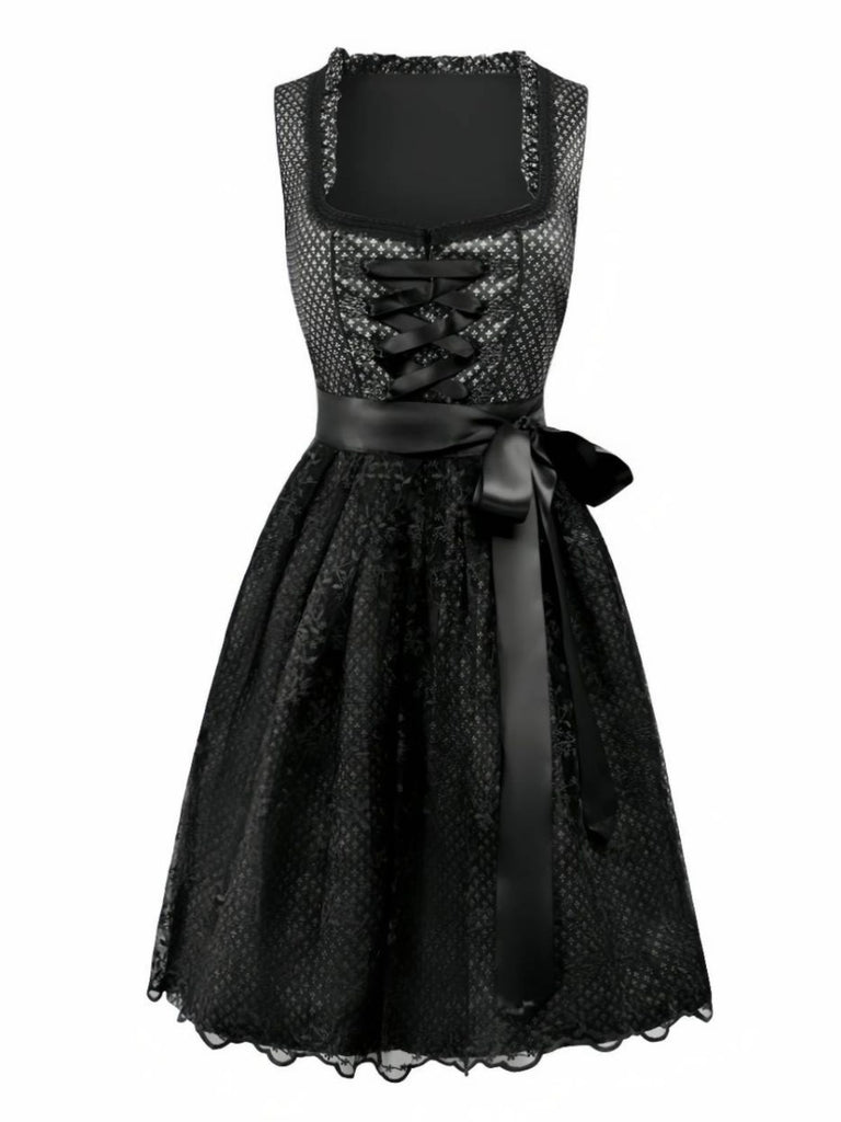 Schwarz 2PCS 1950er Oktoberfest Dirndl Blumen Schnürung Kleid & Schürze