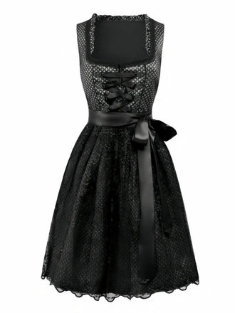 Schwarz 2PCS 1950er Oktoberfest Dirndl Blumen Schnürung Kleid & Schürze