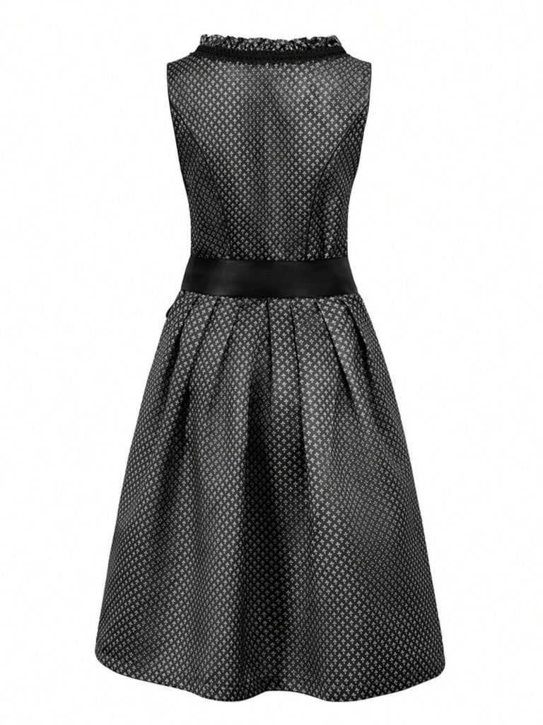 Schwarz 2PCS 1950er Oktoberfest Dirndl Blumen Schnürung Kleid & Schürze