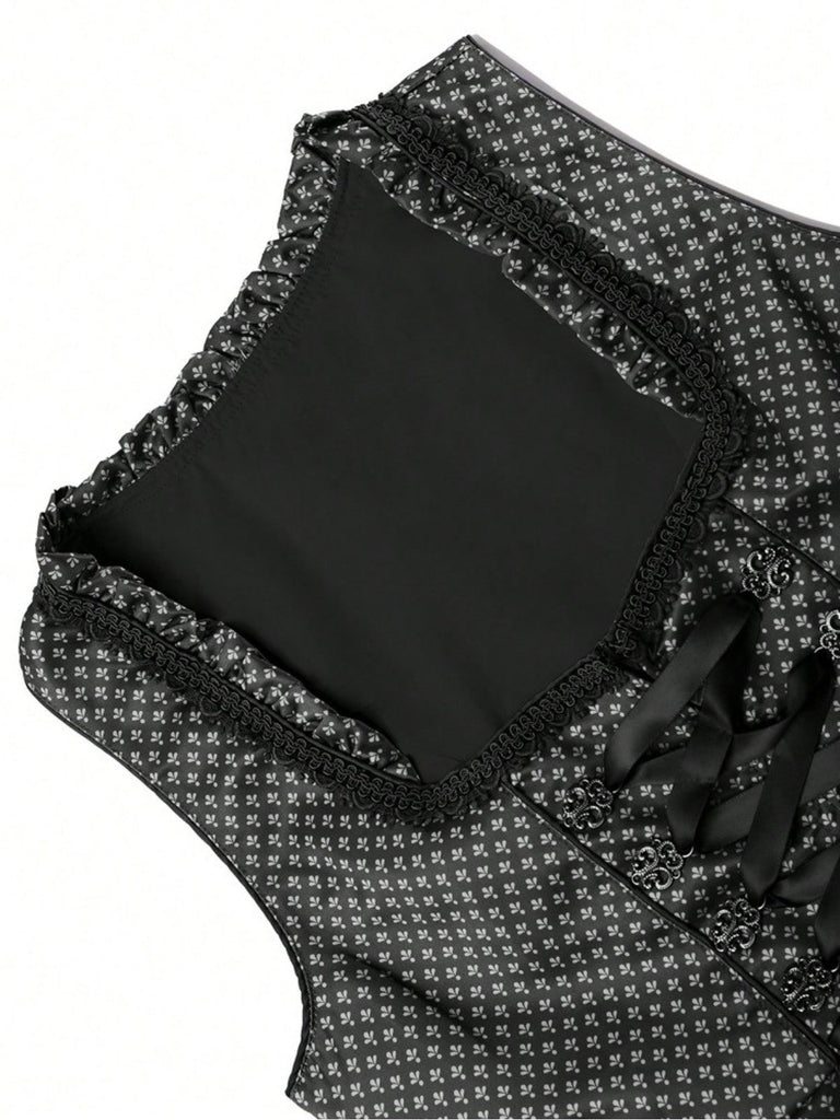 Schwarz 2PCS 1950er Oktoberfest Dirndl Blumen Schnürung Kleid & Schürze