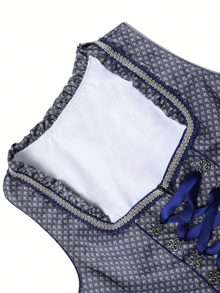 Schwarz 2PCS 1950er Oktoberfest Dirndl Blumen Schnürung Kleid & Schürze