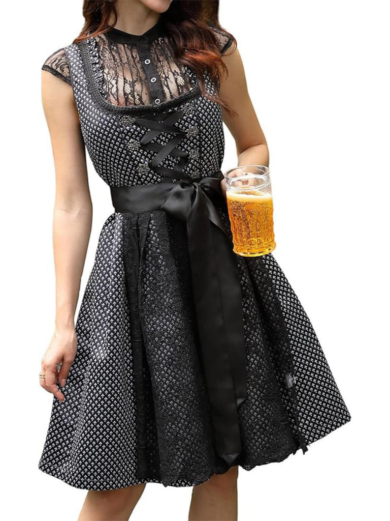 Schwarz 2PCS 1950er Oktoberfest Dirndl Blumen Schnürung Kleid & Schürze