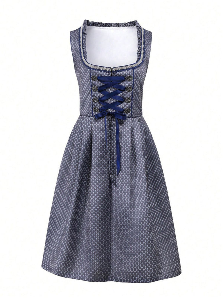 Schwarz 2PCS 1950er Oktoberfest Dirndl Blumen Schnürung Kleid & Schürze