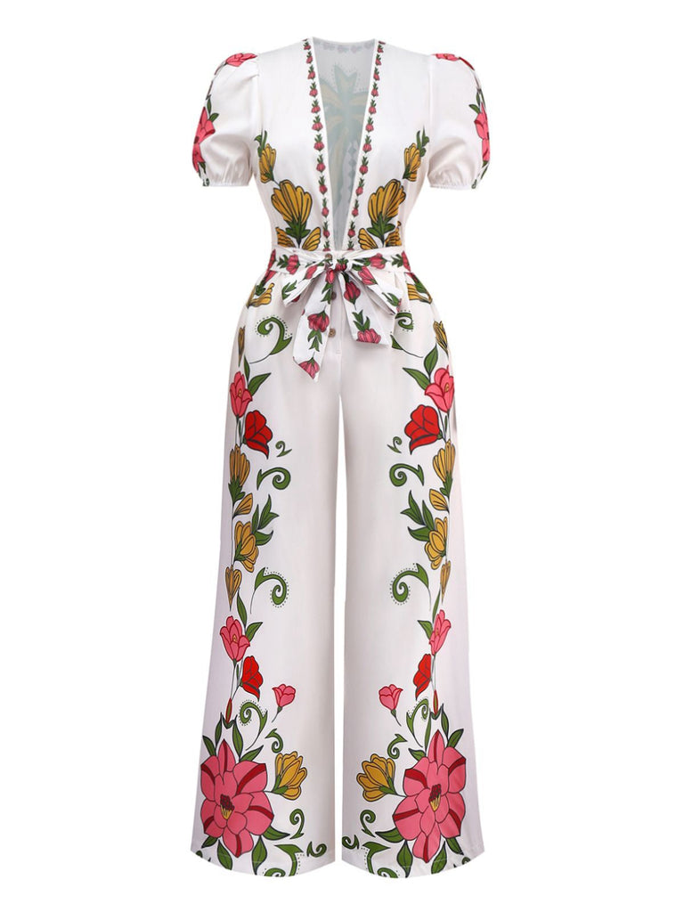 Weiß 1950er Tief V-Ausschnitt Blumen Gürtel Jumpsuit
