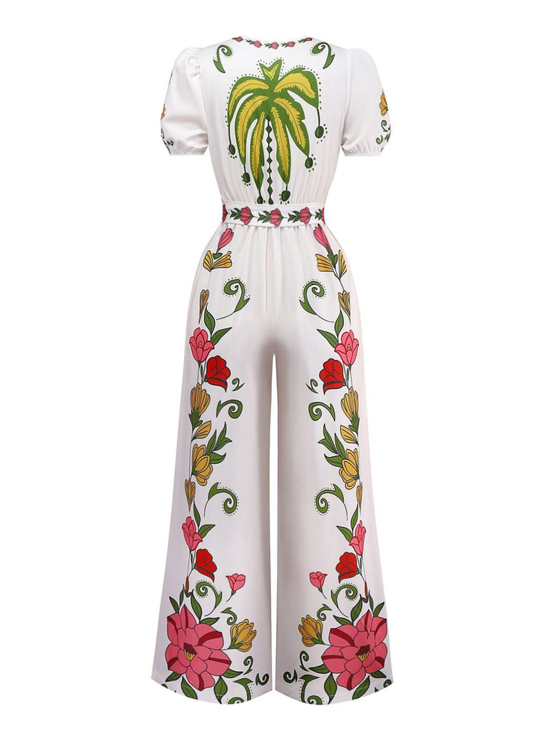 Weiß 1950er Tief V-Ausschnitt Blumen Gürtel Jumpsuit