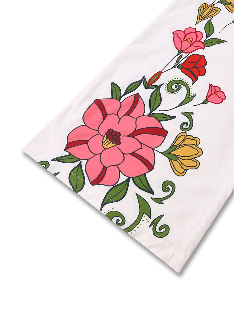 Weiß 1950er Tief V-Ausschnitt Blumen Gürtel Jumpsuit