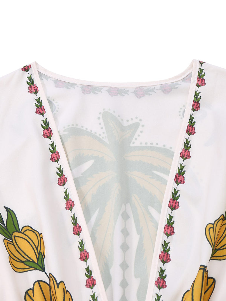 Weiß 1950er Tief V-Ausschnitt Blumen Gürtel Jumpsuit