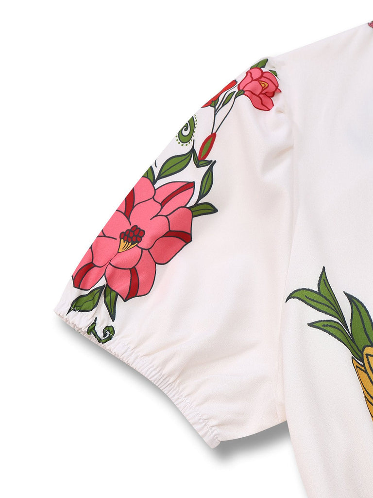 Weiß 1950er Tief V-Ausschnitt Blumen Gürtel Jumpsuit