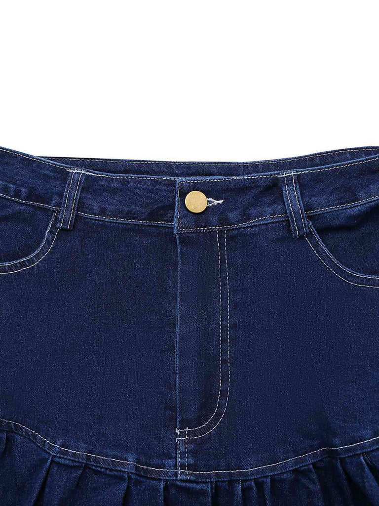 Dunkelblau 1960er Rüschen Denim Rock